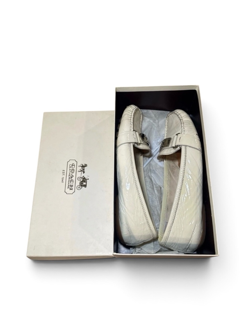 Coach Pierce Off White Patent Leather Silver C Logo Driving Loafer Flats Woman 9